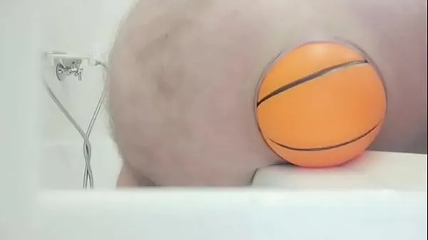 Show Huge 12cm wide Soccer Ball slides out of my Ass on side of Bath warm Tube